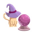 A cat in a witch\'s hat sits next to a magical crystal ball.