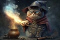 cat wizard casting spell illustration generative ai