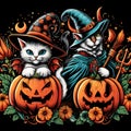 Cat Wizard and Pumpkin Devil Graphic Illustration