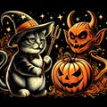 Cat Wizard and Pumpkin Devil Graphic Illustration