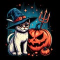 Cat Wizard and Pumpkin Devil Graphic Illustration