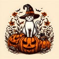 Cat Wizard and Pumpkin Devil Graphic Illustration