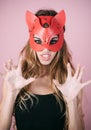 Cat woman. Christmas masquerade party  carnival  festive halloween  - blond sexy woman in cat mask. Sexy caucasian girl in red cat Royalty Free Stock Photo