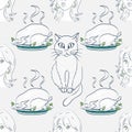 Cat, woman and cooked turkey seamless pattern