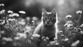 cat in the woods black and white photo Kitten and soft muted garden flowers Royalty Free Stock Photo