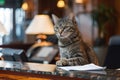Cat Working as Receptionist, Reception Desk Cats, Friendly Hotel Cat Service, Cat Behind Hotel Counter