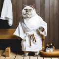 Cat wrapped in bathrobe relaxing in a Finnish sauna