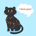 Cat wrapped in garland with hearts text I love you