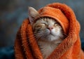 A cat is wrapped in an orange towel and is sleeping. The cat is curled up and he is very relaxed Royalty Free Stock Photo