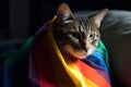 Cat wrapped up in a LGBT color flag. Gay pride animals. Homosexual relationships and transgender orientation concept. Royalty Free Stock Photo