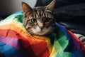 Cat wrapped up in a LGBT color flag. Gay pride animals. Homosexual relationships and transgender orientation concept. Royalty Free Stock Photo