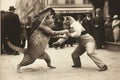 Cat wrestler wearing a wrestling costume fighting in the street 1920s style illustration generative ai