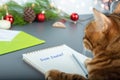 The Cat Is Writing A Christmas Letter To Santa Claus. Side View Of A Child Sitting At A Table With Christmas Decorations