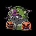 Illustration design of cute cat, pumpkin and bat halloween festival with hand drawn flat style in black background Royalty Free Stock Photo