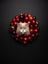 cat xmas card portrait with copy space. sticking head through christmas wreath Royalty Free Stock Photo