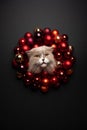 cat xmas card portrait with copy space. sticking head through christmas wreath Royalty Free Stock Photo