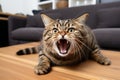 a cat yawning while sitting on a table in front of a couch