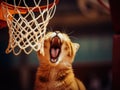 A cat yawning while standing in front of a basketball hoop. Generative AI image.