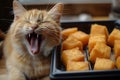 Cat Yawning Beside Tray of Pineapples. Generative AI