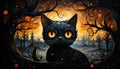 The cat with yellow eyes on forest with twisted trees, Generative AI