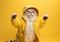 A cat in a yellow hoodie, wearing a hood on a yellow background