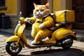 cat in yellow overalls on a moped, food delivery man Royalty Free Stock Photo