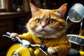 cat in yellow overalls on a moped, food delivery man Royalty Free Stock Photo