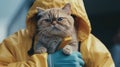 A cat is being held by a man in a yellow raincoat. AI