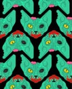 Cat zombie pattern seamless. Pet green monster background. vector texture