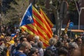 Catalan demonstrators with national catalan symbols in Barcelona to support the freedom of the political prisoners