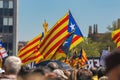 Catalan demonstrators with national catalan symbols in Barcelona to support the freedom of the political prisoners
