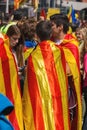 Catalan demonstrators with national catalan symbols in Barcelona to support the freedom of the political prisoners