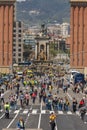 Catalan demonstrators with national catalan symbols in Barcelona to support the freedom of the political prisoners