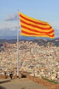 Catalan flag fluttering in the wind in Montjuic Castle in BARCELONA, CATALONIA, SPAIN Royalty Free Stock Photo