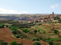 Catalan landscape with the Cervera town Lleida, Spain on a hill. Beautiful rural landscape with empty fields on an autumn sunny