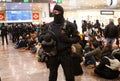 Catalan police mossos secure sants station during an independentist protest detail on officer