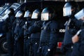 Catalan police mossos secure sants station outdoors during an independentist protest detail on officer