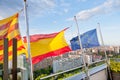 Catalan, Spanish, EU flags under Barcelona Royalty Free Stock Photo
