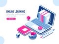 Catalog of online courses isometric icon, online education, internet learning, laptop with book on screen, seo