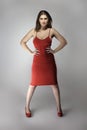 Fashion Model Wearing a Rose Red or Wine Colored Dress