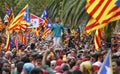 Catalonia Diada in Barcelona crowded diagonal street wide Royalty Free Stock Photo