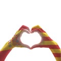 Catalonia Estelada flag and Spain flag on Catalunya people`s heart-shape hands or Catalonia- Spanish unity supporter isolated