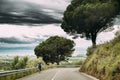 Catalonia, Spain. Young Woman Enjoying Cycling In Mountain Road. Royalty Free Stock Photo