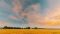 Catalonia, Spain. Summer Evening Sky Above Spanish Countryside Rural Wheat Field Landscape. Yellow Wheat At Sunset Time Royalty Free Stock Photo