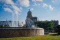 Catalonia square also know as Plaza Catalunya, the square of the city of Barcelona, is seen on a summer day with fountains and Royalty Free Stock Photo