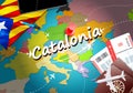 Catalonia travel concept map background with planes, tickets. Visit Catalonia travel and tourism destination concept. Catalonia