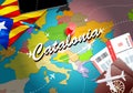 Catalonia travel concept map background with planes, tickets. Visit Catalonia travel and tourism destination concept. Catalonia