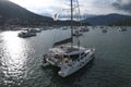 Catamaran anchored in a bay at sunset Royalty Free Stock Photo