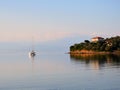 Catamaran Anchored in Calm Gulf of Corinth Bay, Greece