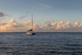 Catamaran boat at anchor off Key Largo, Florida on a cloudy day